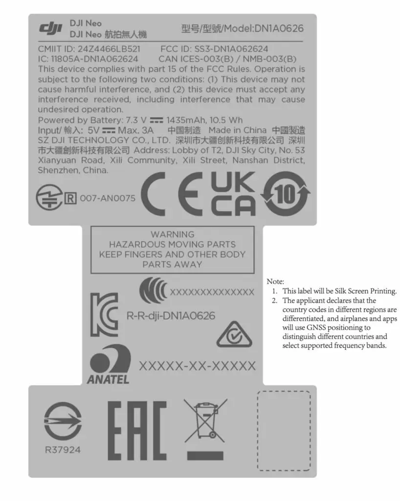 DJI NEO FFC label